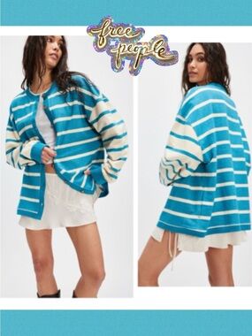 Free People We the Free Classic Striped Cardigan in Teal Combo Size Small
